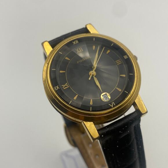 Fossil Other - Fossil PC 9291 Gold Tone Watch with Black Leather Band